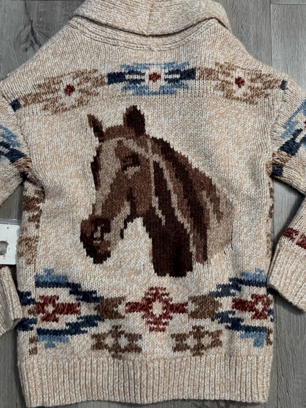 Beige Horse Shawl-Collar Cardigan Sweater